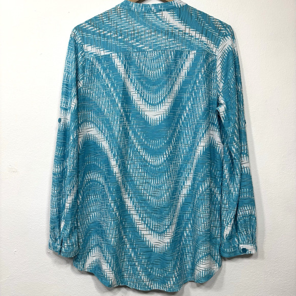 Erin London Aqua White Lightweight Burnout Button Down Top Boho Trippy Sz Large - Picture 3 of 9